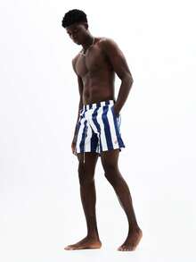 SUMWON 男士竖条纹沙滩短裤，弹性腰带，侧边口袋，夏季泳装，休闲度假尼龙冲浪服 - 黑與白 - 查看 6