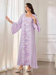 Al Najma Rochie Abaya maxi elegantă pentru femei, cu broderie florală, decolteu în V, mânecă lungă, culoare lavandă - Violet - Vizualizare 5