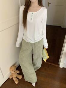 DAZY Green Fresh Henley Top & Plaid Pajama Pants Women Sleepwear Set - Green - View 1