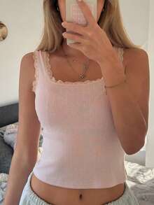 DAZY Top de pijama de mujer con tejido jacquard cómodo y parches de encaje - Rosa - Ver 3