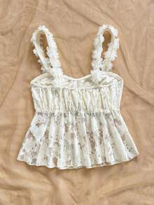 Soleia 女士夏季度假风提花薄纱花卉装饰吊带娃娃衫，适合夏季假期、海滩度假、休闲穿着，可爱夏季上衣 - 白色 - 查看 2