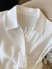 Franclia 女士休闲时尚不对称下摆打结腰身衬衫 - 白色 - 查看 3