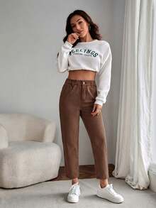 EMERY ROSE 女士夏季纸袋腰直筒牛仔裤 - 咖啡棕 - 查看 4