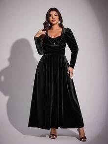 Viva Relle Plus Size Women Solid Color Sequin Patchwork Puff Sleeve Elegant Dress - Black - View 4