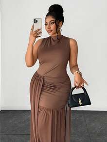 Maweii Plus Size Women Casual Vacation Ruffle Hem Fashionable Waist Cinched Bodycon Sexy Vacation Round Neck Dress - Brown - View 6