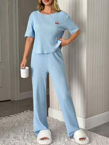 SHEIN Rib Knit With Cheery Embroidery Detail Homewear Comfort Lounge Set - Blue - View 4