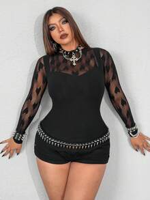 Whyspr Plus Size Women's Sexy V-Neck Hollow Heart Mesh Long Sleeve Fitted Top, Suitable For Spring, Summer, Autumn