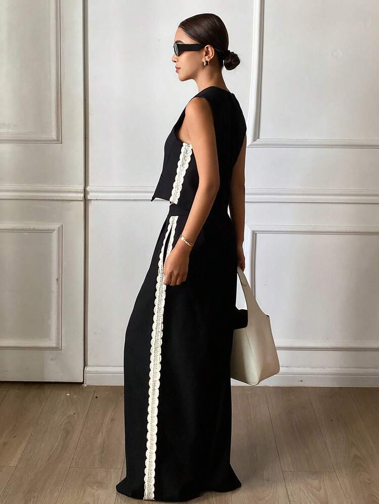 2pcs Elegant Contrast Lace V-Neck Sleeveless Top And Wide Leg Pants Set For Women, Spring/Autumn