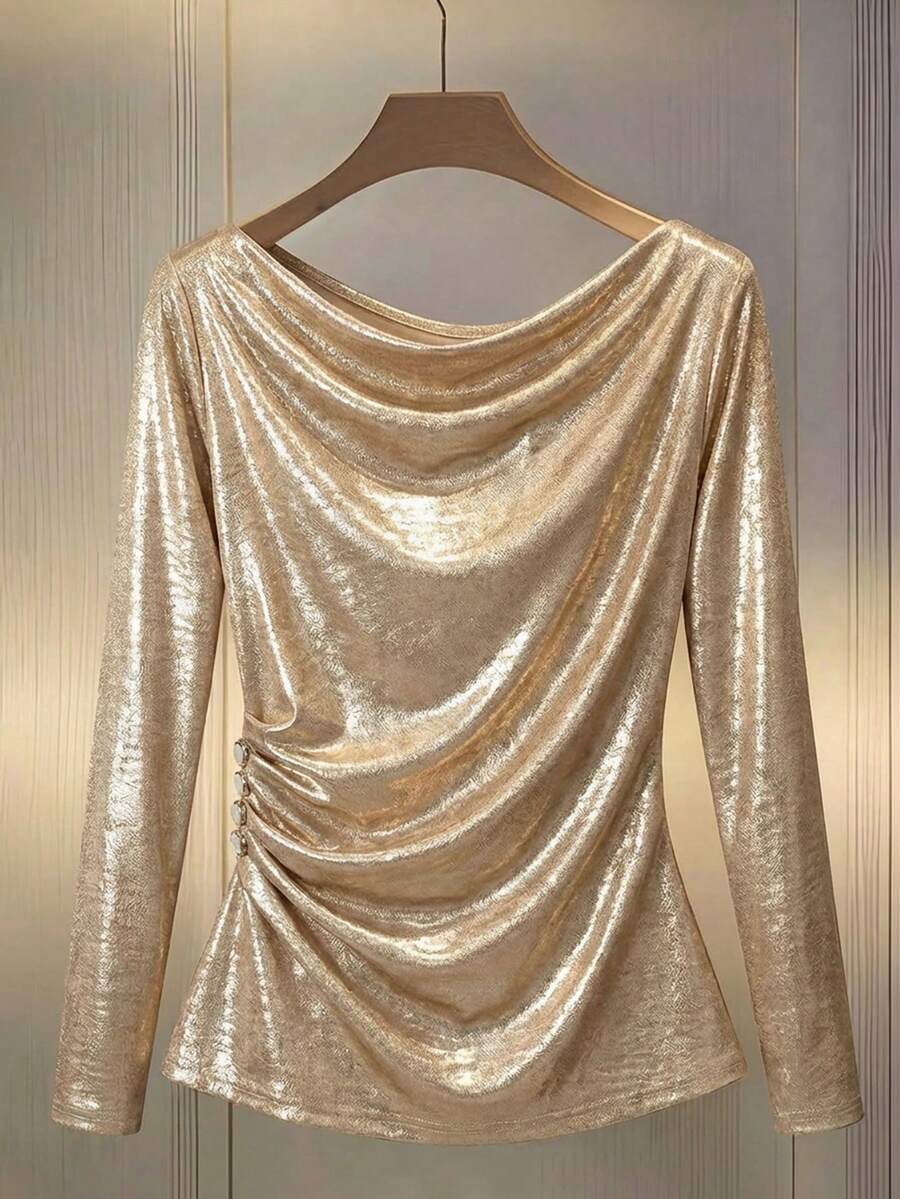 SHEIN Clasi Áo sơ mi dài tay dáng rộng cho nữ, chất liệu ánh kim, thiết kế xếp ly eo thanh lịch, phù hợp cho mùa thu, đông, xuân, ngày lễ tình nhân, sinh nhật, mùa xuân, nghỉ xuân, hè, mùa hè, áo kiểu thanh lịch cho nữ. - Vàng - Xem 1