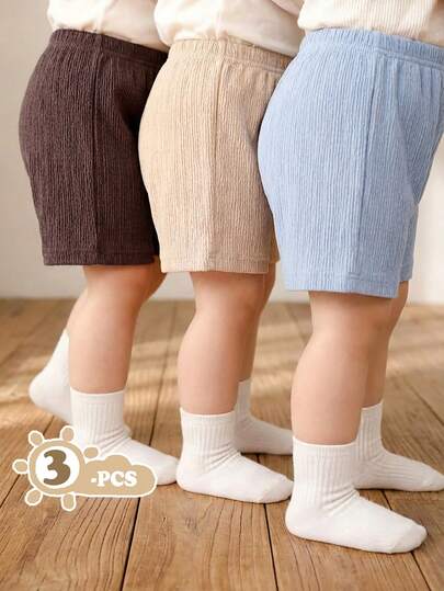 SHEIN Vintaside Kids 3件套男婴夏季休闲日常通勤简约纯色纹理面料弹力腰短裤