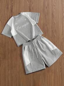 TOKVUE 男士字母印花圆领短袖休闲T恤和抽绳腰短裤套装 - 彩色 - 查看 3