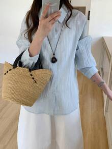 DAZY Áo sơ mi nữ dáng rộng, thêu hoa, kiểu dáng nghỉ dưỡng, cổ bẻ, tay dài. - Màu xanh lam - Xem 6