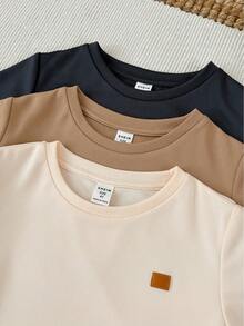 SHEIN Bộ 6 món áo thun ngắn tay và quần short trơn màu cơ bản cho trẻ em, thích hợp cho mùa xuân/hè, trang phục cho bé trai, quần áo đi học. - Màu be - Xem 7
