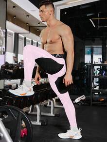 Manfinity Sport Corelite 男士撞色字母织带塑身运动紧身裤 - 粉色 - 查看 6