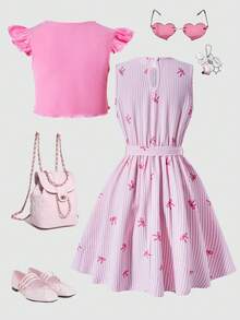 SHEIN Explorewe Streecool 女童两件套：休闲罗纹短款无袖毛衣 + 印花蝴蝶结简约编织连衣裙（含腰带），适合春夏日常休闲穿着 - 粉色 - 查看 2