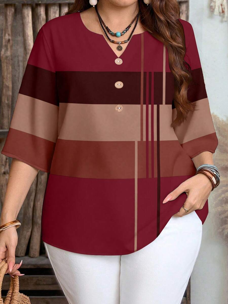 EMERY ROSE Casual Minimalist Red Base Geometric Striped Print Plus Size Shirt, Suitable For Spring And Autumn - Multicolor - View 1