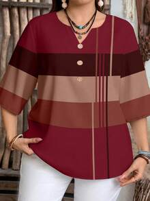 EMERY ROSE Casual Minimalist Red Base Geometric Striped Print Plus Size Shirt, Suitable For Spring And Autumn - Multicolor - View 6