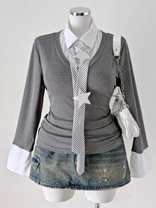 Sunspun 大码休闲撞色拼接修身长袖二合一T恤 - 灰色 - 查看 1