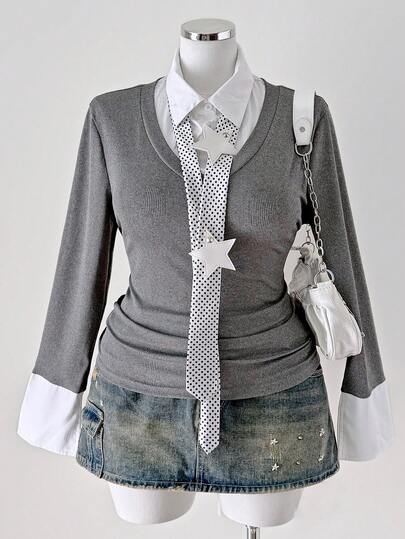 Sunspun Plus Size Casual Color Block Patchwork Slim Fit Long Sleeve 2 In 1 T-Shirt