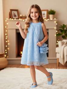 SHEIN Toddler Girls' Embroidered Mesh Flower Girl Wedding Party Princess Dress, Sleeveless Ruffle Halter Neck Dress With Crossbody Bag, Summer - Blue - View 5