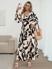 Louniche Đầm dài tay cổ chữ V dành cho nữ, họa tiết hoa Pháp, eo chun, dáng suông, thích hợp cho mùa xuân, thu, hè, mặc hàng ngày, đi làm, lễ hội âm nhạc, tiệc tùng, kỳ nghỉ, đa năng. - Nhiều màu - Xem 5