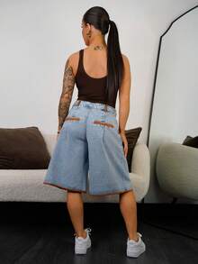 SAYEHFBABY 女式撞色边喇叭牛仔短裤 - 藍色 - 查看 2