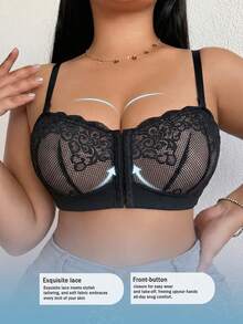DesireSculpt 1pc Plus Size Black Wireless Lace Front Closure Supportive Bra - Black - View 3