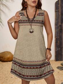 EMERY ROSE Robe ronde sans manches à imprimé plume et géométrique, style minimaliste décontracté pour femmes grandes tailles. Convient pour les vacances d'été