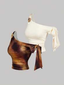 SHEIN MOD 女士两件套：不对称装饰纽扣修身花卉蝴蝶结上衣，春夏假日，情人节，波西米亚风，复古风，外出上衣，度假，复古风，外出，假日服装，沙滩装，优雅派对装，度假装，度假，波西米亚风，优雅派对装，婚礼宾客装，度假装，下午茶派对装 - 彩色 - 查看 2