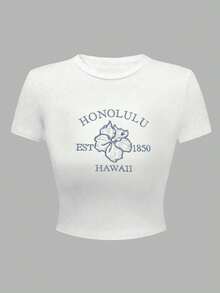 SHEIN Tween Girl White Crew Neck Cropped Fitted Short Sleeve Floral & Letter Print T-Shirt Top, Young Girl Casual Comfortable Fashion Graphic Tee Suitable For Daily Wear, Outings, School - White - View 3