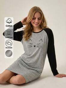 Loomlin 女士撞色长袖猫脸印花睡衣 - 灰色 - 查看 1