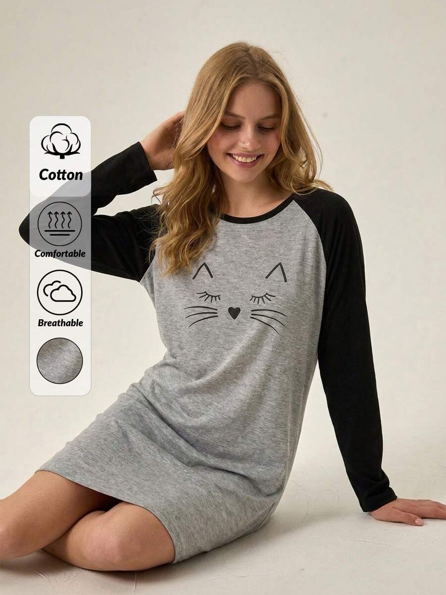 Loomlin 女士撞色长袖猫脸印花睡衣 - 灰色 - 查看 1