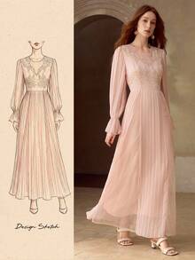 MOTF PREMIUM 女士束腰喇叭袖连衣裙，优雅迷人，适合约会、秋冬季穿着 - 粉色 - 查看 1