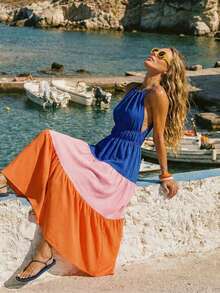 Vivid Eden 女士撞色褶皱露背休闲日常约会连衣裙 - 彩色 - 查看 4