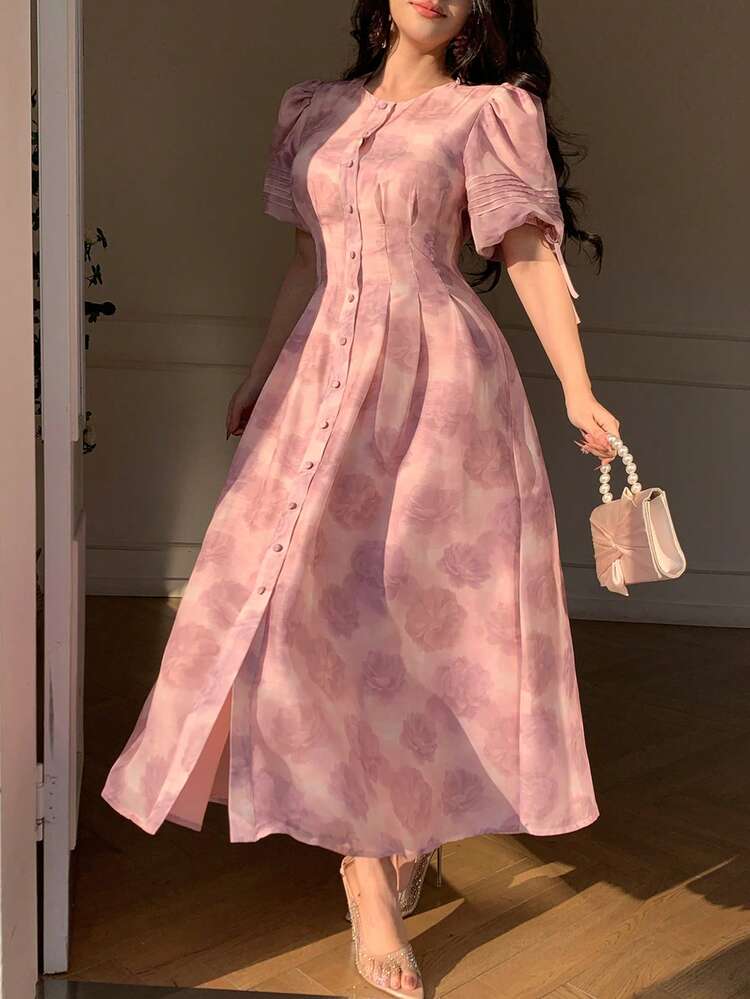 DAZY Romantic Floral Print Lantern Sleeve Midi Dress With Flared Skirt, Elegant For Vacation - Baby Pink - View 5