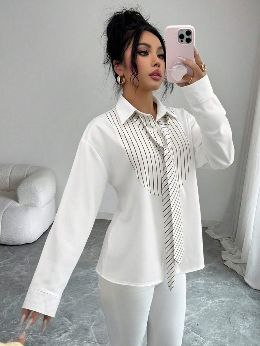 Modelyn White Striped Collar Design Fashionable Casual Shirt - White - View 1