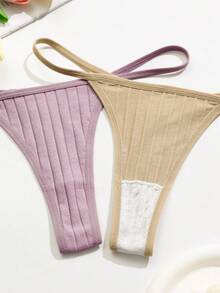 10pcs/Pack Women's Solid Color Ribbed Sexy Everyday Thong Panties - Multicolor - View 3