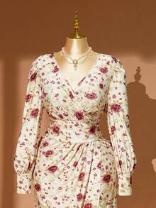 DreamSkyne 大码女式复古法式束腰奢华高端碎花长袖不对称下摆连衣裙，适合日常约会/下午茶、商务通勤、成熟聚会、休闲外出、春夏穿着。 - 彩色 - 查看 2