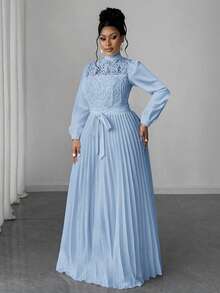 Maweii Plus Size Women Elegant Patchwork Waist Cinched Long Dress - Baby Blue - View 6