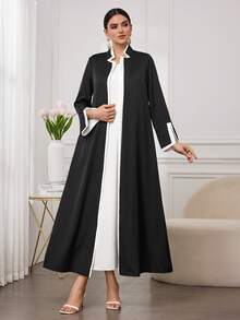 SHEIN Najma Áo choàng Abaya nữ đơn giản màu đen trắng, dáng rộng, thoải mái. - Đen và trắng - Xem 3
