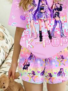 少女休闲卡通印花圆领短袖T恤短裤睡衣套装，适合夏季穿着 - 彩色 - 查看 3