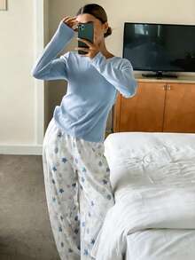 DAZY 2 piezas Conjunto de ropa de dormir de punto ajustado de unicolor con estampado de elementos marinos en toda la superficie para mujeres - Azul - Ver 1