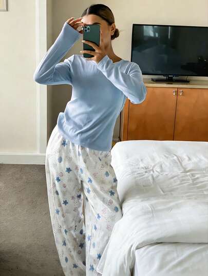 DAZY 2pcs Solid Color Fitted Knit Sleepwear Set With All-Over Ocean Element Print For Women