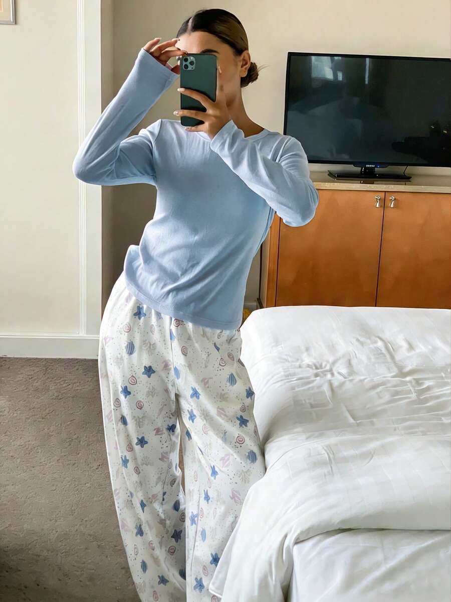 DAZY 2 piezas Conjunto de ropa de dormir de punto ajustado de unicolor con estampado de elementos marinos en toda la superficie para mujeres - Azul - Ver 1