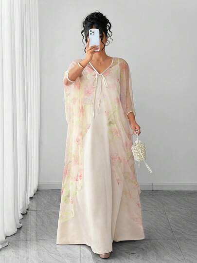 Elenzga Plus Size Women Elegant Sheer Embroidered Floral Digital Print Shiny Champagne Slip Dress With Outer Piece, 2 Pieces Set