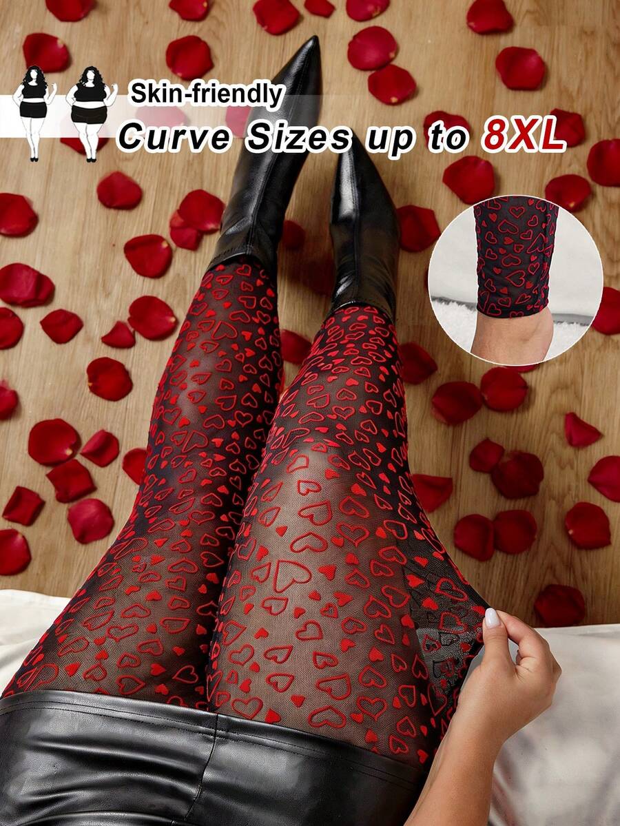 SHEIN CURVE+ 大码女式心形印花薄纱打底裤，适合情人节穿着 - 黑色 - 查看 1