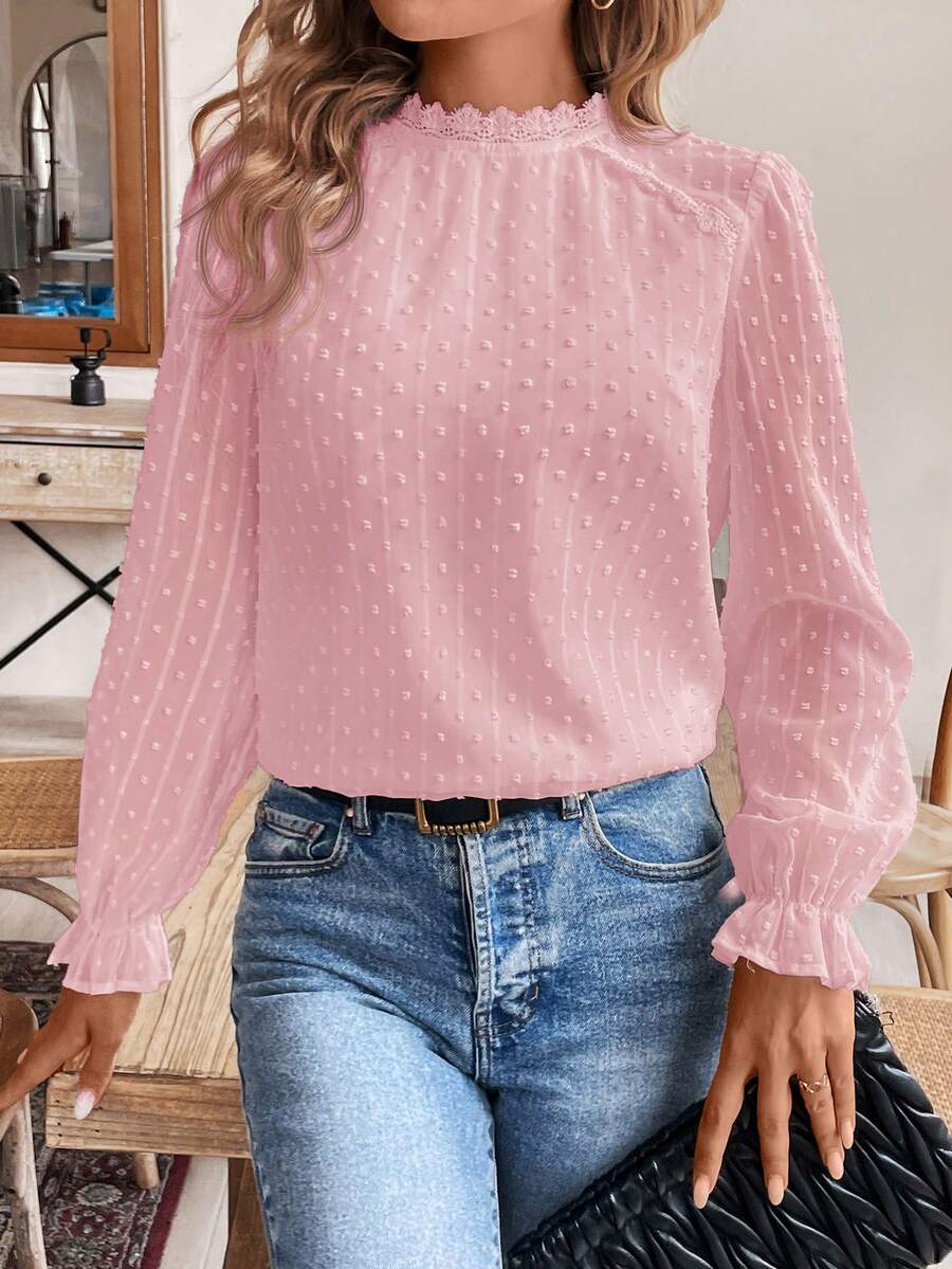SHEIN Frenchy 女士时尚优雅波点立领长袖衬衫 - 淺粉色 - 查看 1