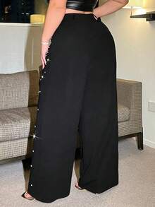 SHEIN CURVE+ 大码性感珍珠装饰休闲百搭修身裤 - 黑色 - 查看 2