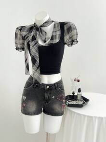 Elamini Short en jean décontracté à imprimé cœur strass pour femmes, style mode de rue chic pour le trajet quotidien, été - Gris - Voir 7