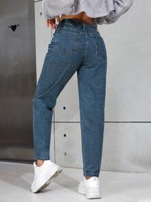 SHEIN PETITE Women's Rhinestone Embellished Pockets Straight Leg Loose Casual Versatile Jeans - Royal Blue - View 2